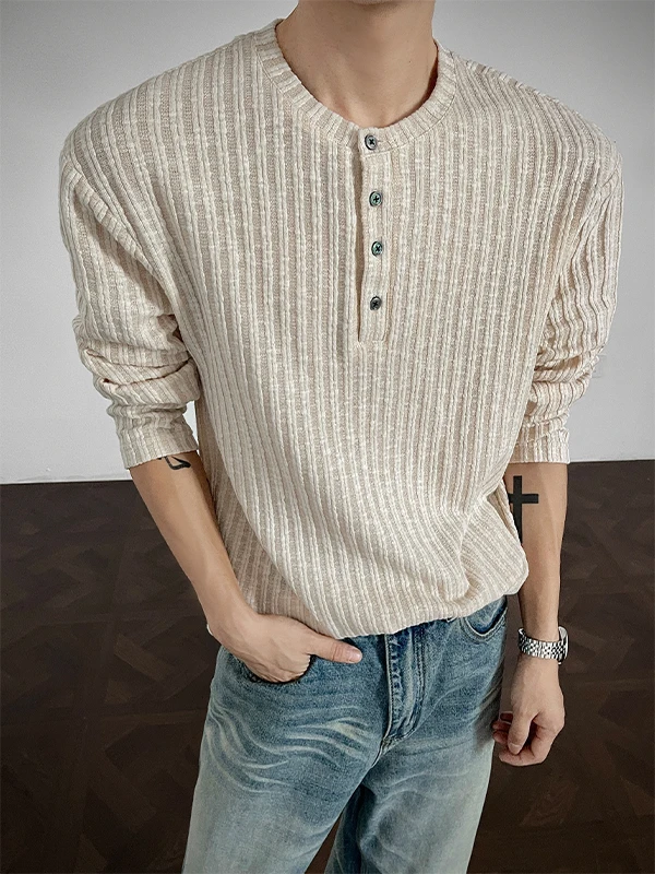 

Men's Long Sve Texture Henry Collar T-irt Loose Fit Inner Wear Base irt Trendy Spring Autumn American Old Money Sle