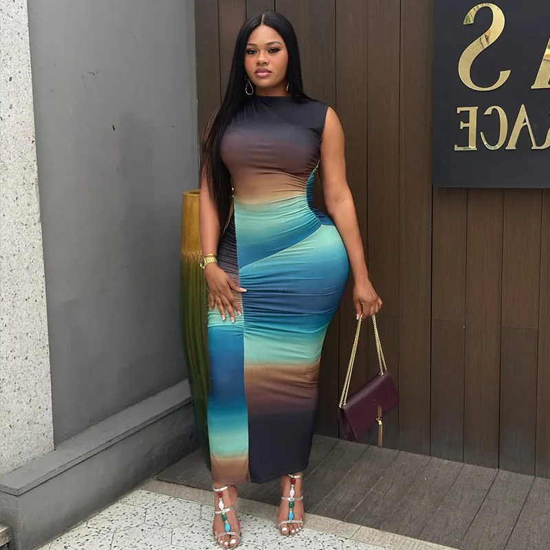 

STYLISH LADY Contrast Gradient Color Party Dress 2025 Autumn Women Sleeveless Turtleneck Bodycon Sexy Club Maxi Draped Dresses