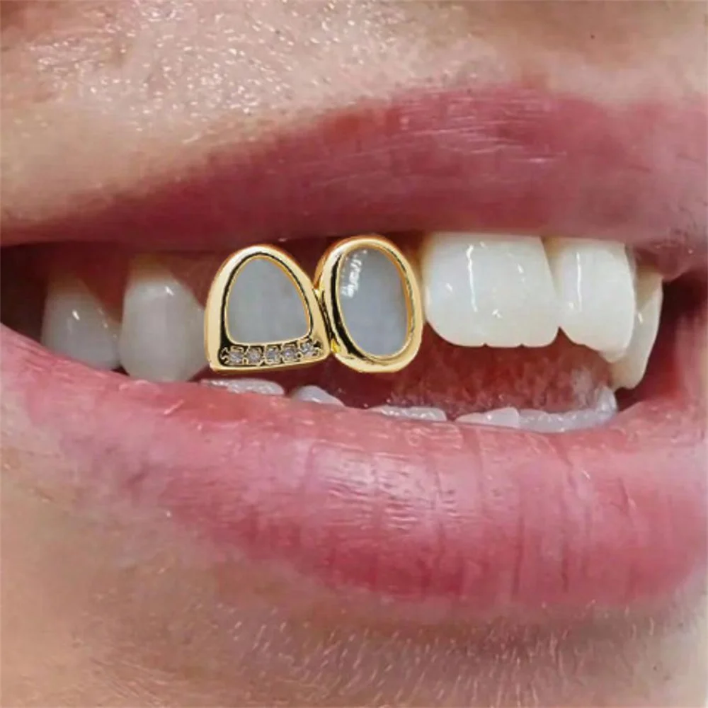 Anztilam 2 Teeth Iced Out Grillz Full Zircon Tooth Shine Grills Men Women Hip Hop Tooth Grills Caps Brass Fashion Jewelry