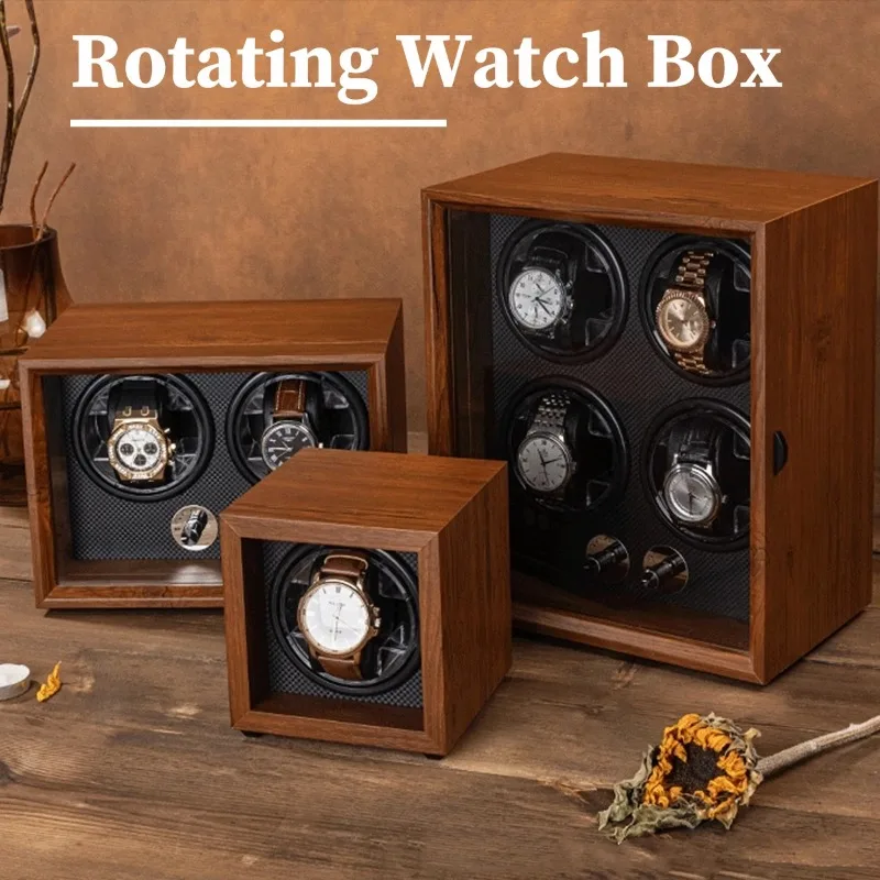 Exhibidor de Relojes Automáticos con Caja de Madera, 4/2/1 Ranuras, Motor Súper Potente, Luz LED Azul, para Joyerías