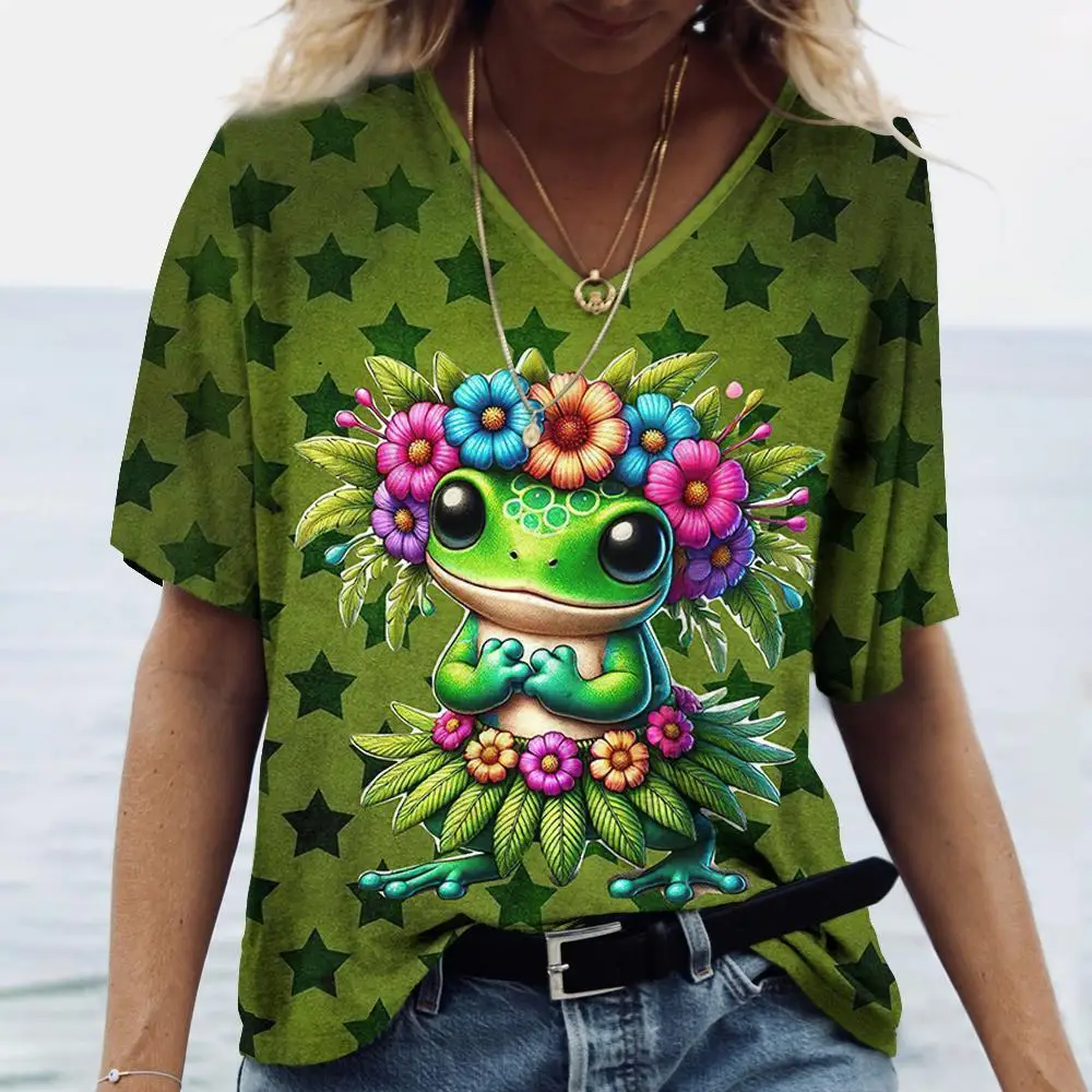 

Cartoon T Shirt Cute Animal Frog Pattern Summer Women's V-Neck Short Sleeve Tops Oversize Tees Women Clothes Outdoor T-Shirt