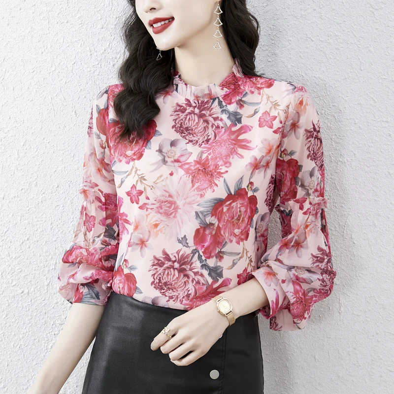 Autumn New Light Luxury Ruffles Fragmented Shirt Women's Bubble Long Sleeve Mulberry Silk Blouse Female Elegant Fashion Top