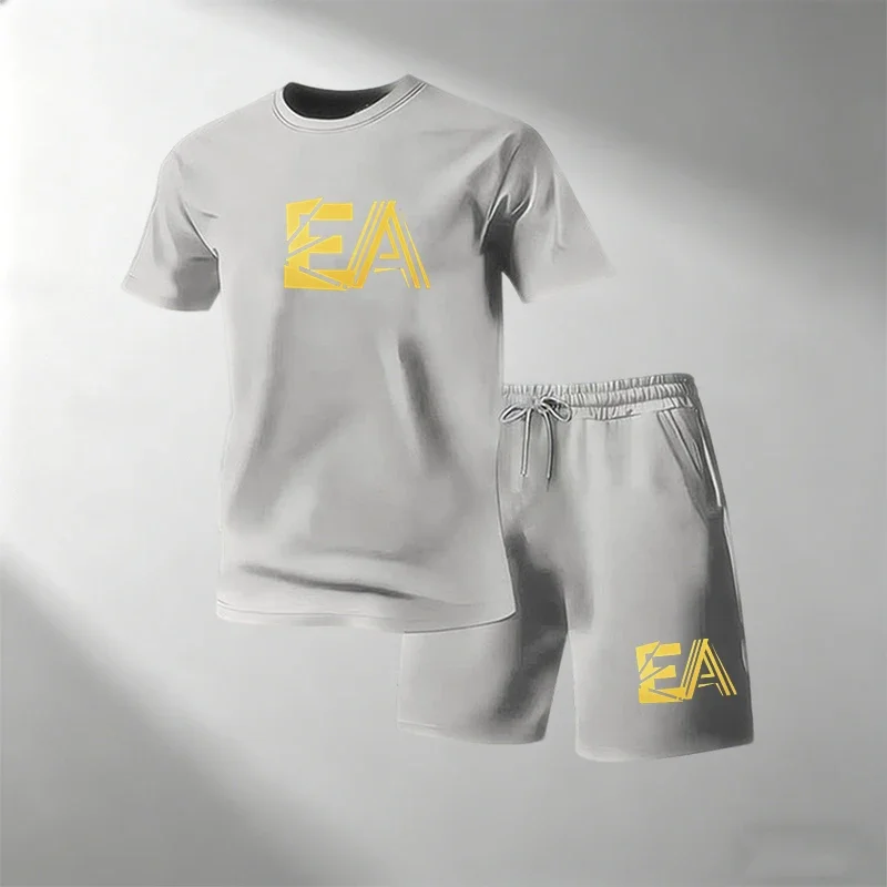 

2026 Hot Sale Men's Fashion Street Short Sleeve Sport Set Round Neck T-Shirt + Shorts Quick Dry Gym Running Suit 2 Piece Summer