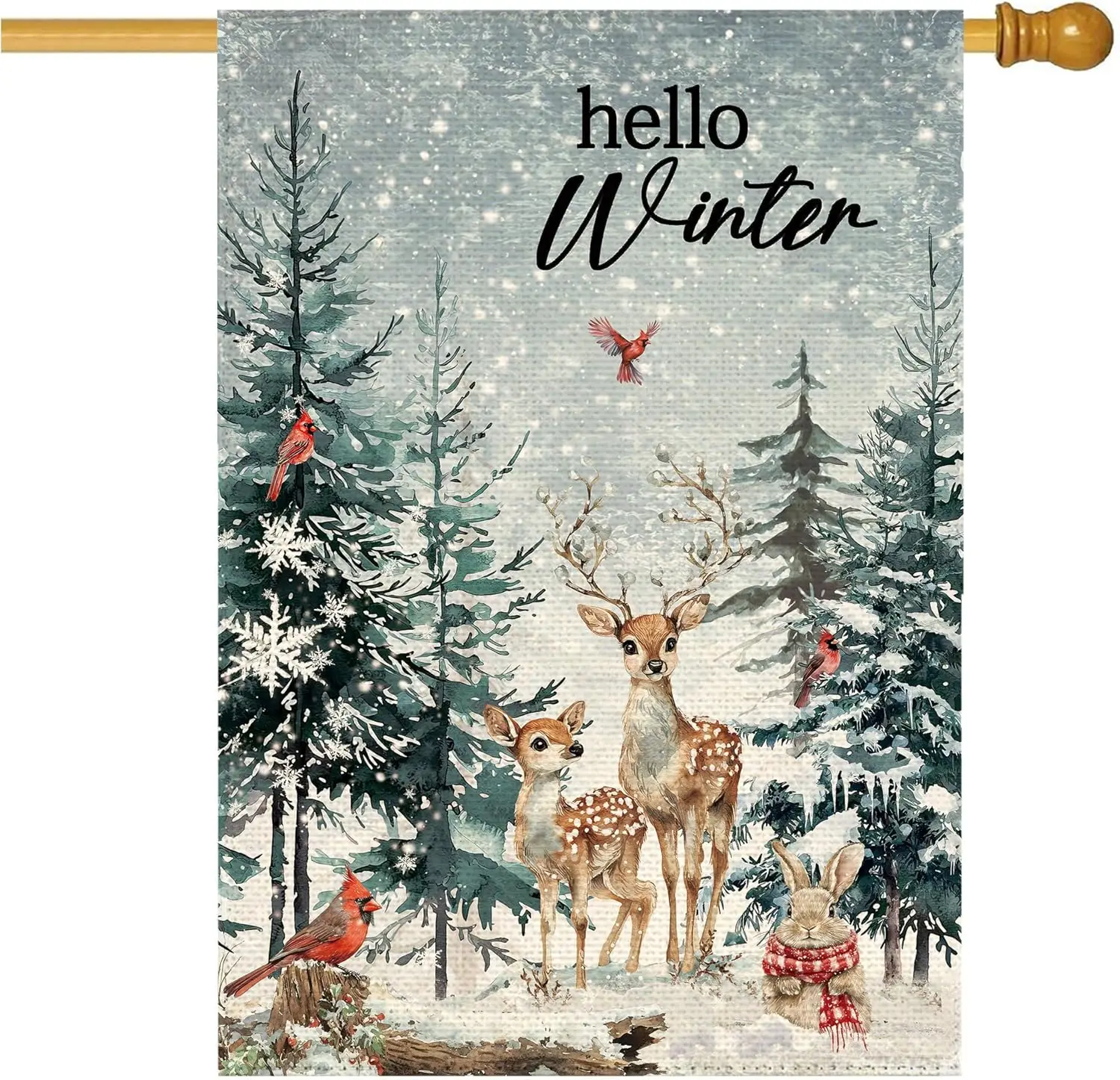 Hello Winter Deer Welcome House Flag 28x40 Inch Double Sided, Christmas Cardinal Xmas Tree Burlap Large Yard Flag Winter Sno SSL