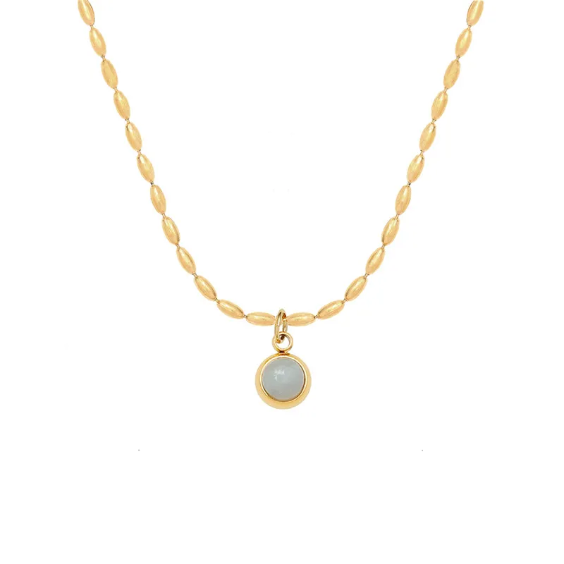 Korea Small Natural Aventurine Jade Round Pendant Necklace for Women Stainless Steel 18k Gold Plated Jewelry