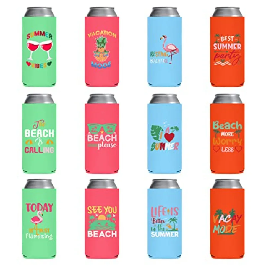 Beach Slim Can Coolers - 12 Pack Skinny Summer Can Sleeves, Neoprene Funny Beer Cozy Bulk for Hawaiian Themed Party, Pool Party