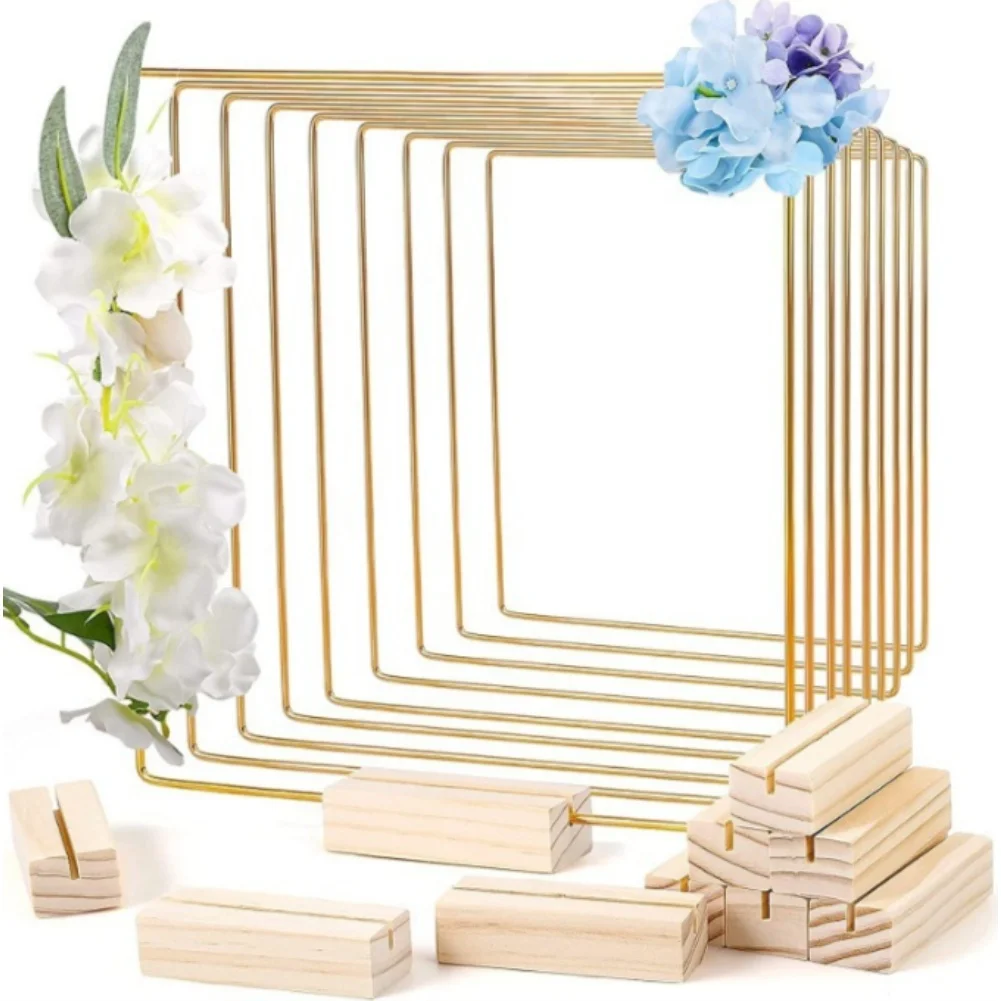 Square Metal Wall Hoop Decor 6 Pack Gold Finish Iron Rings with Wooden Base for Living Room Bedroom Interior Design