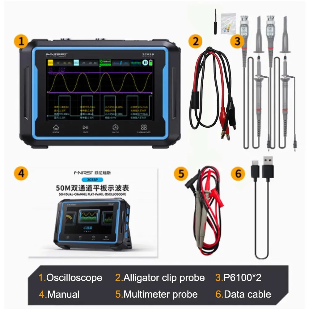 Dual Channel Oscilloscope 3 in 1 Waveform Signal Analysis 2C53P 50MHz 250Ms/S 19999 Counts Multimeter Signal Generator