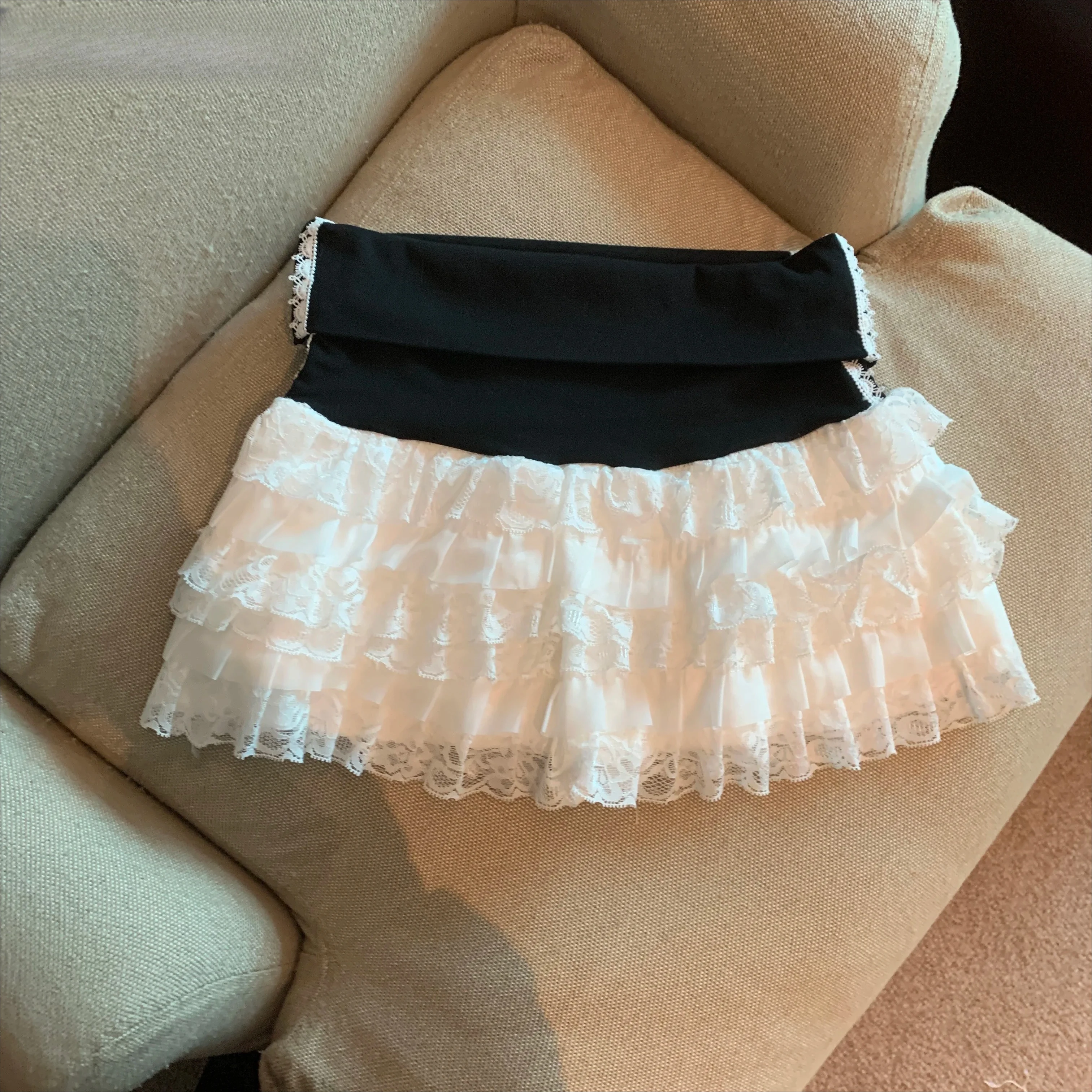 Sweet Lace Splicing Contrast สีเอวสูงเค้กกระโปรงสั้นผู้หญิงฤดูร้อนน่ารักแฟชั่นสบายๆมินิกระโปรง Femme