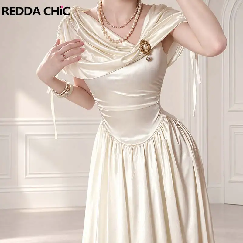 ReddaChic Cape Gathering Women Party Dress Elegant Drawstring Cinched Waist Draped Collar Maxi Party Gown Vintage Summer Clothes