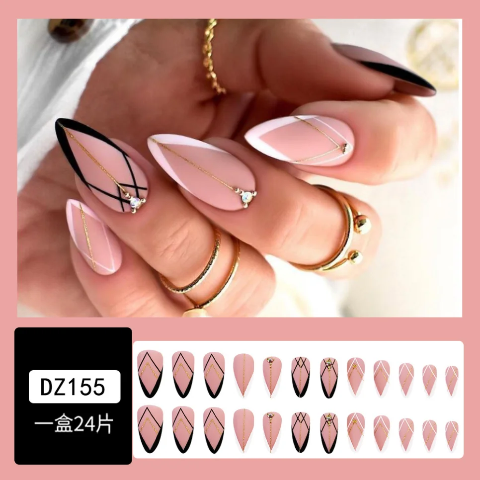 24Ps Geometric Black White French Wearing Fake Nails Long Airy Glitter False Nails Art Acrylic Full Coverage Press on Nail Tips