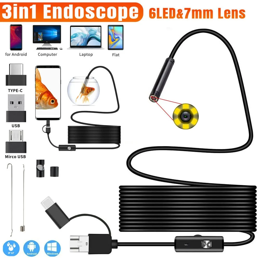 3in1 6LED USB Snake Endoscope Borescope HD Inspection Camera Scope Waterproof Industrial Endoscope for Android Type C