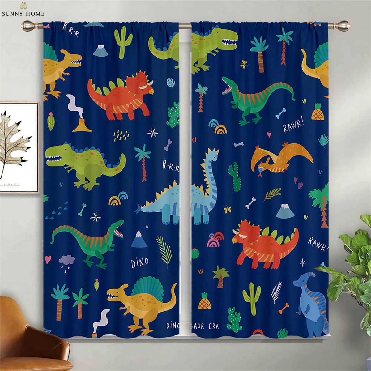 2pcs Cartoon Animal Dinosaur Printed Curtains 100% Polyester Machine Washable Bedroom Living Room Kids Room Decorative Curtains