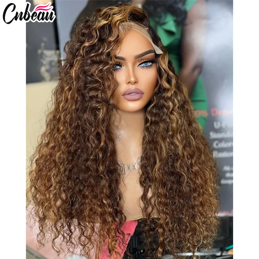 13x4 Lace Frontal Wig For Women P4/27 Highlight Deep Wave Remy Human Hair Curly Ombre Brown Wigs Pre Plucked Free Part Wig