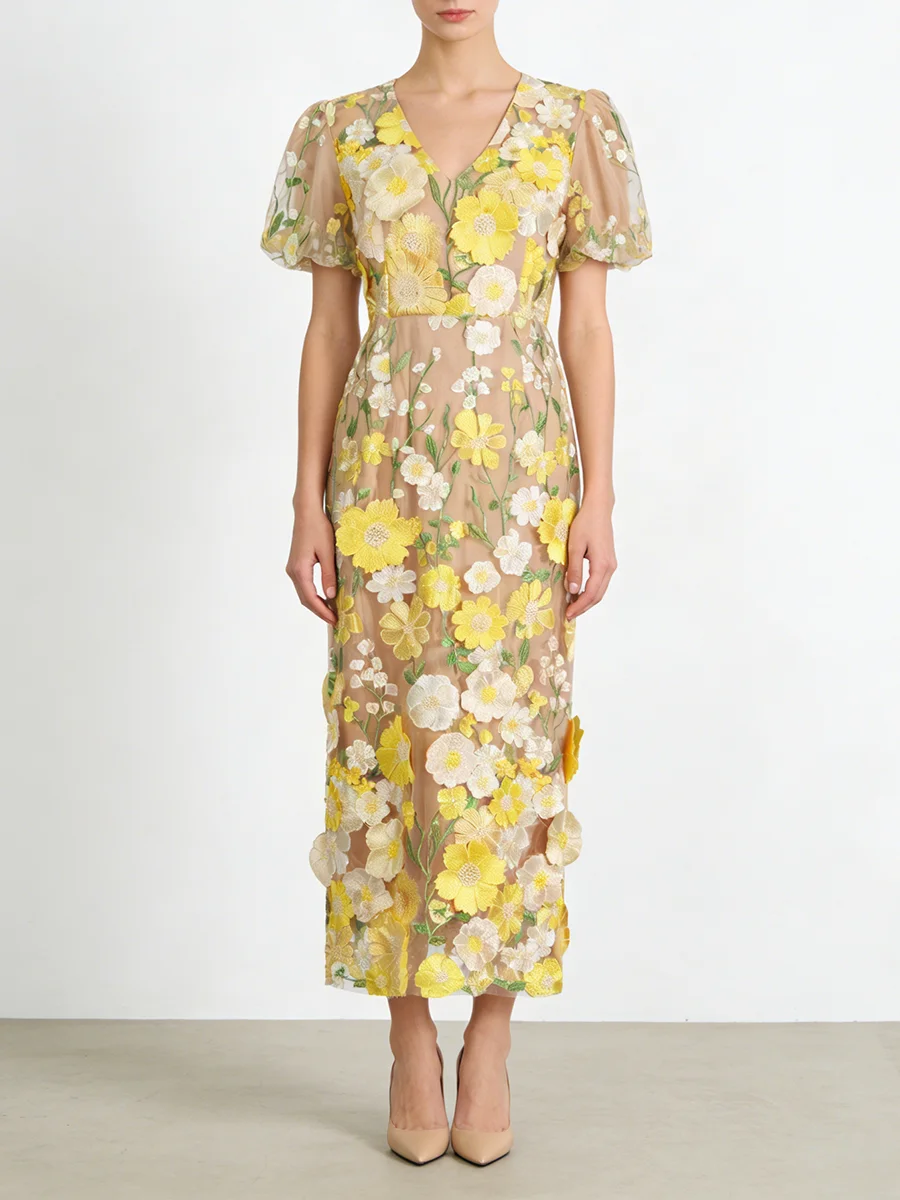 TWOTWINSTYLE 히트 컬러 스플라이스 자수 우아한 여성용 드레스 V넥 반팔 튜닉 패치워크 3D 꽃무늬 드레스