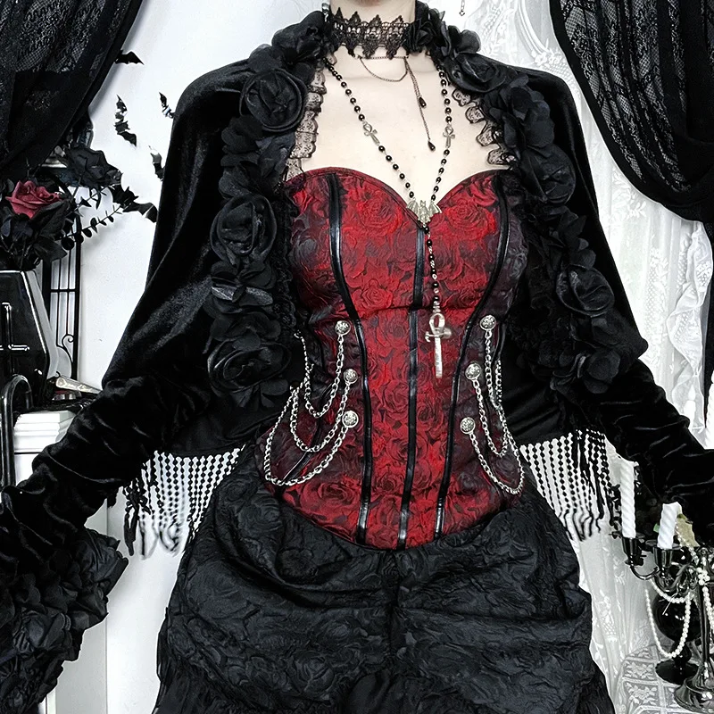 Loween Cosplay bata de terciopelo Top 2025 nuevo Vintage k Sle punzón de hombro Faionable para mujer serie gótica Slim Fit encaje...