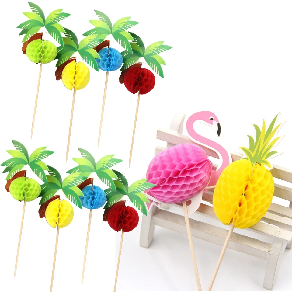 20pcs Honeycomb Flamingo Coconut Tree Pineapple Cake Topper  Paper Cupcake Toppers for Summer Wedding Birthday Party Decorations