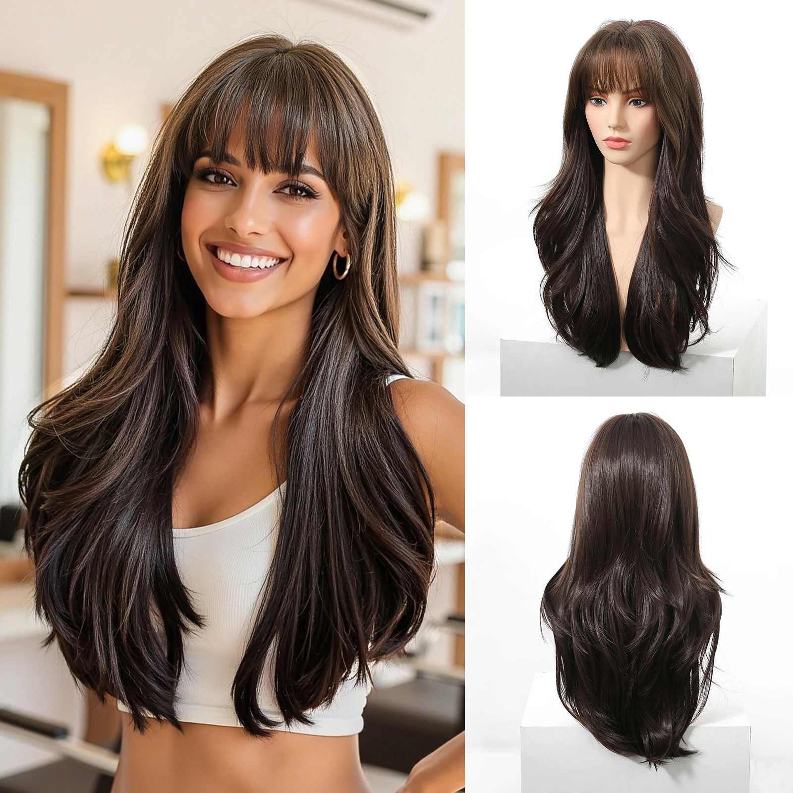 SEA FOAM long straight wavy layered Wig w/ bangs Women Natural Wavy Black Curl Fringe Air Bangs Long Hair  main image 3