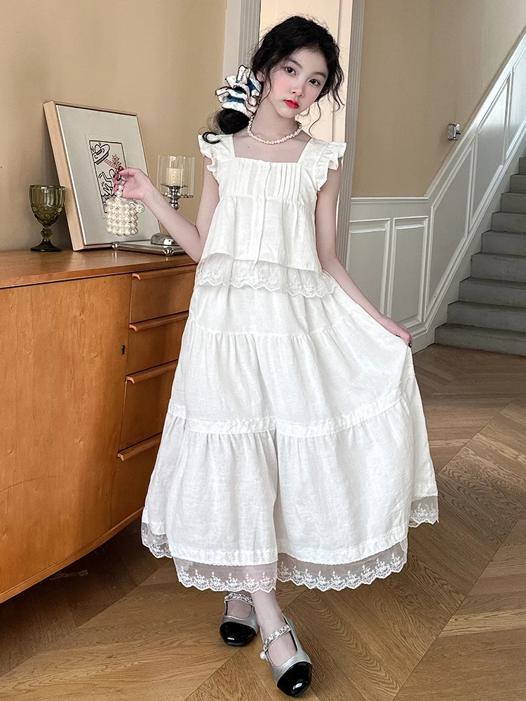 Super cute summer dress for girls2026New summer high-end white dress set for girls, princess dress