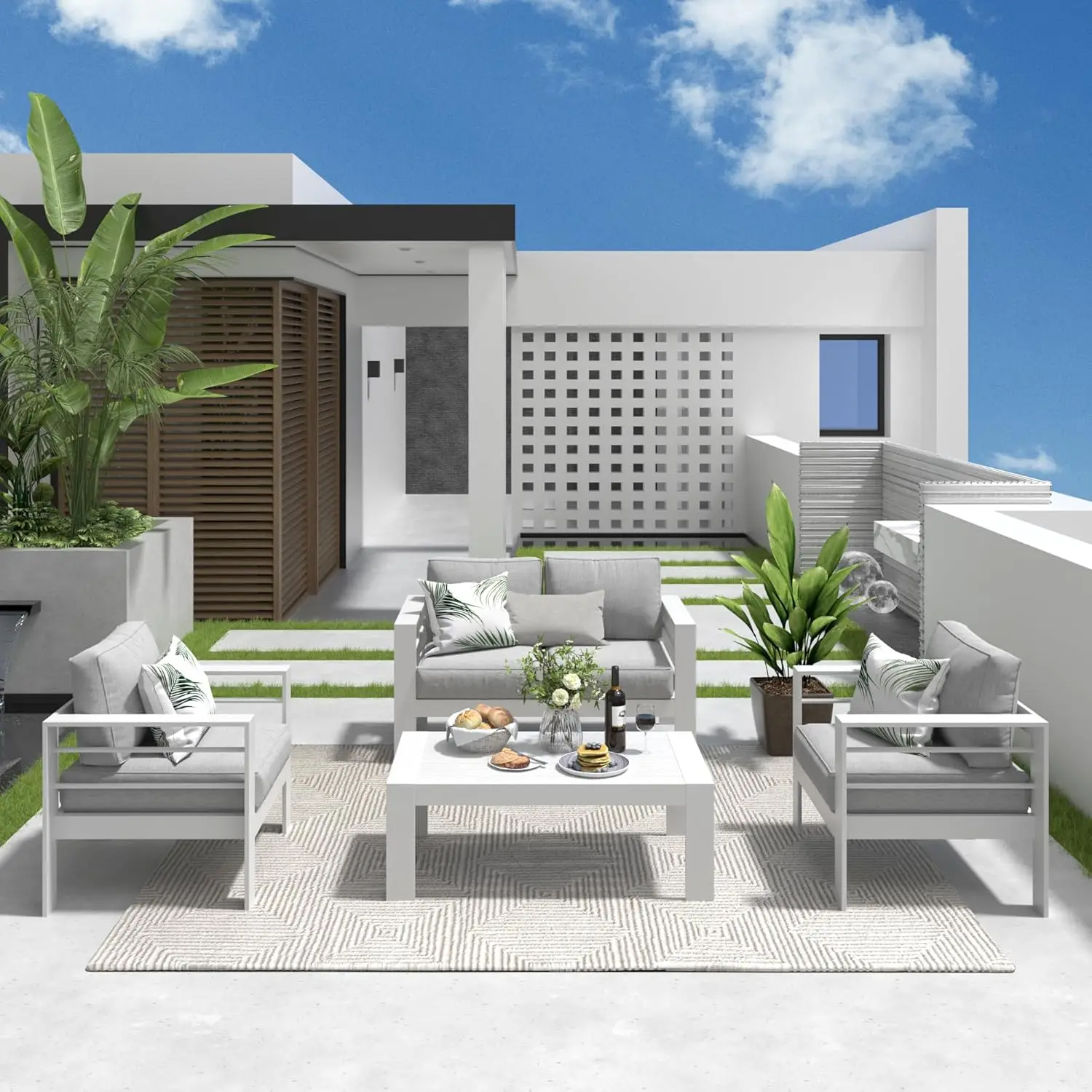 

Outdoor Aluminum Furniture Set - 4 Pieces Patio Sectional Chat Sofa Conversation Set with Table