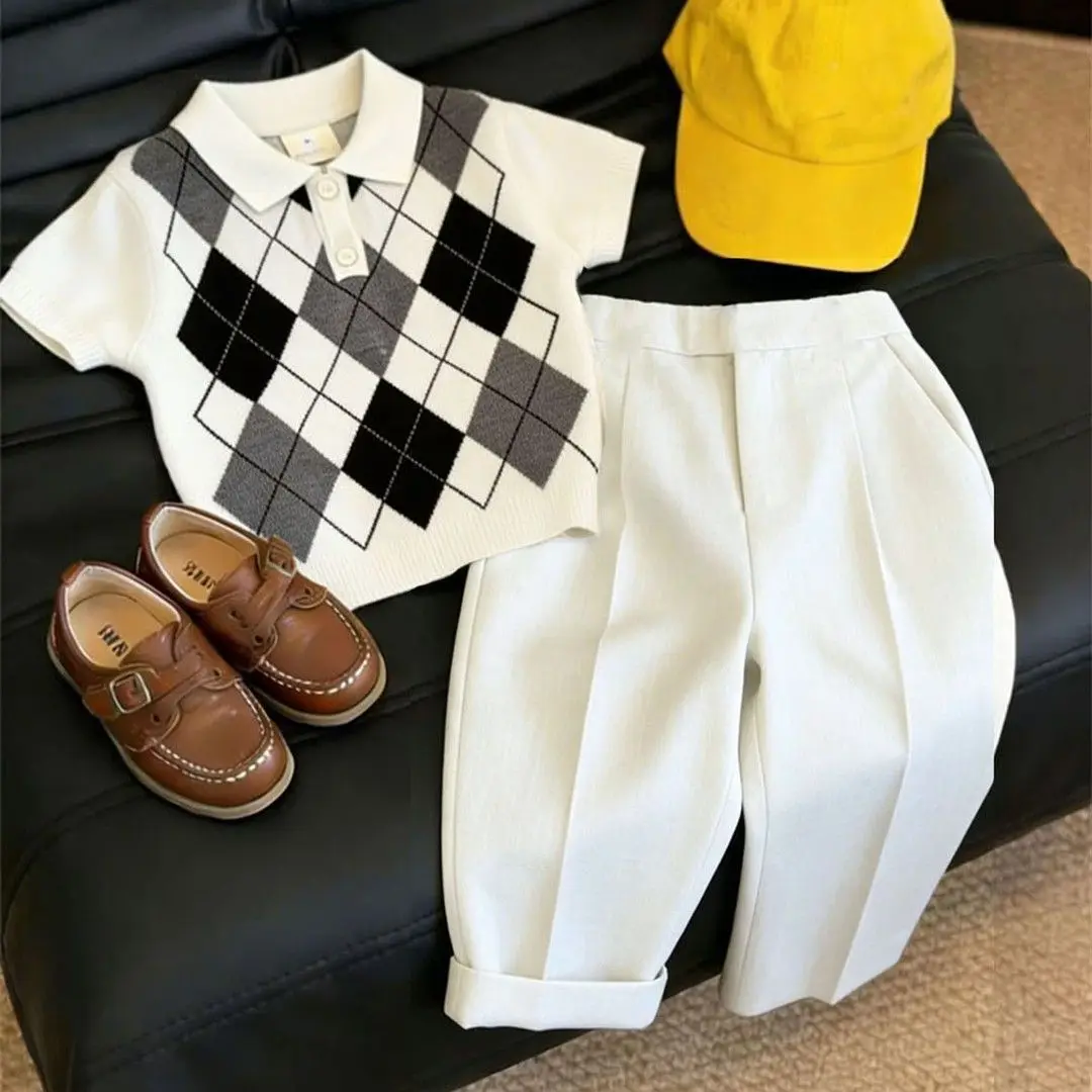 

Boys' Set Summer New Style Children's Retro Short Sleeve Knitted Shirt Straight Pants 2-piece Set Fashion Outfit