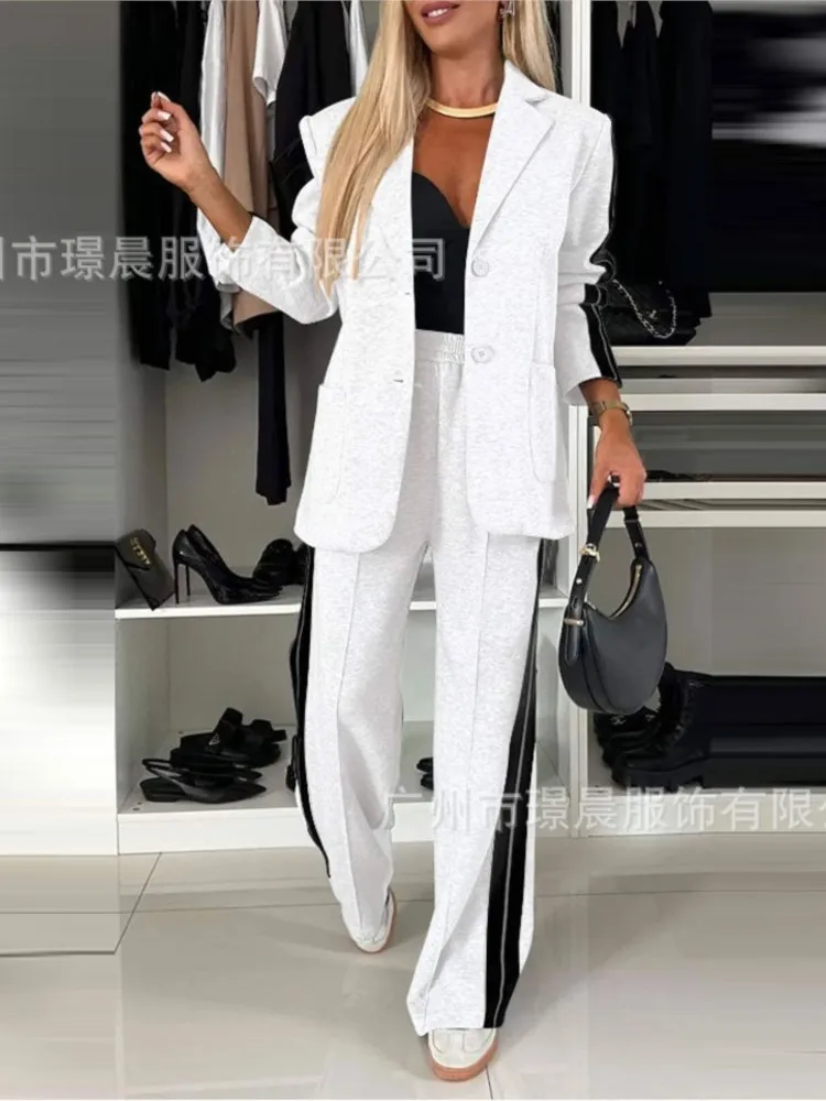 Autumn Winter 2 Piece Set Women Temperament Stripe Patchwork Lapel Long Sleeve Blazer Straight Trousers Two Piece Set Female New