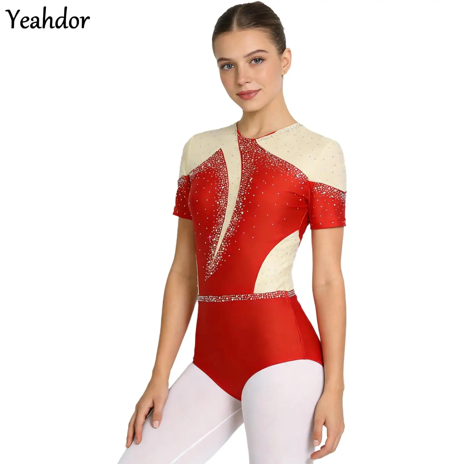 النساء الشكل التزلج ملابس رقص الجمباز بذلة الراين بقماش شفاف المرقعة قصيرة الأكمام الجمباز الباليه ارتداءها Dancewear