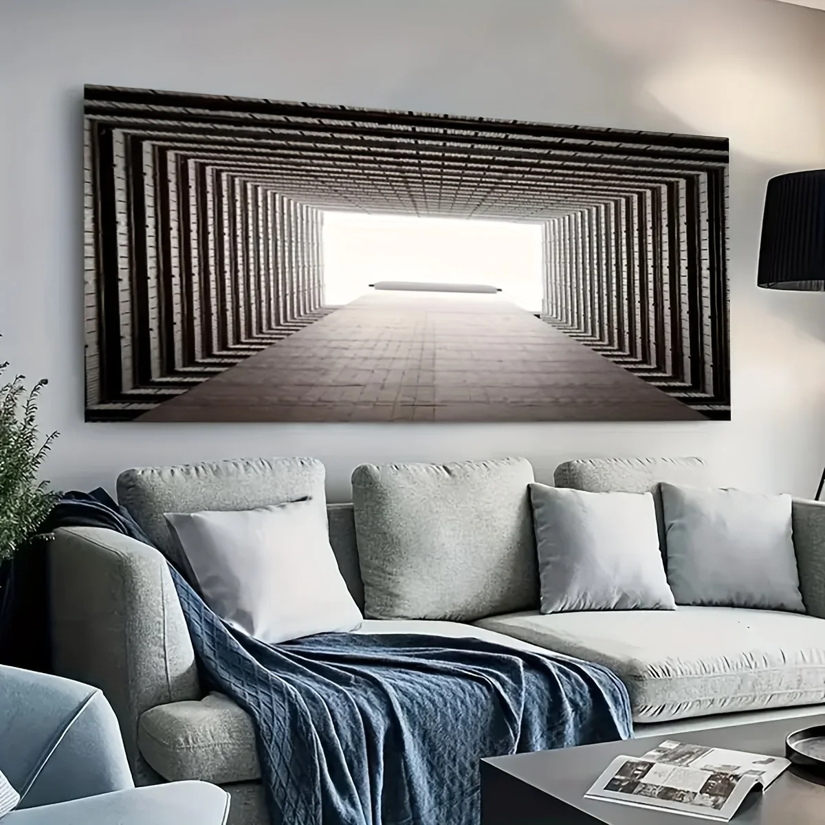 Modern Frameless Canvas Art - Striking Optical Illusion Tunnel Design, Large Wall Decor for Living Room & Bedroom, Monochromatic