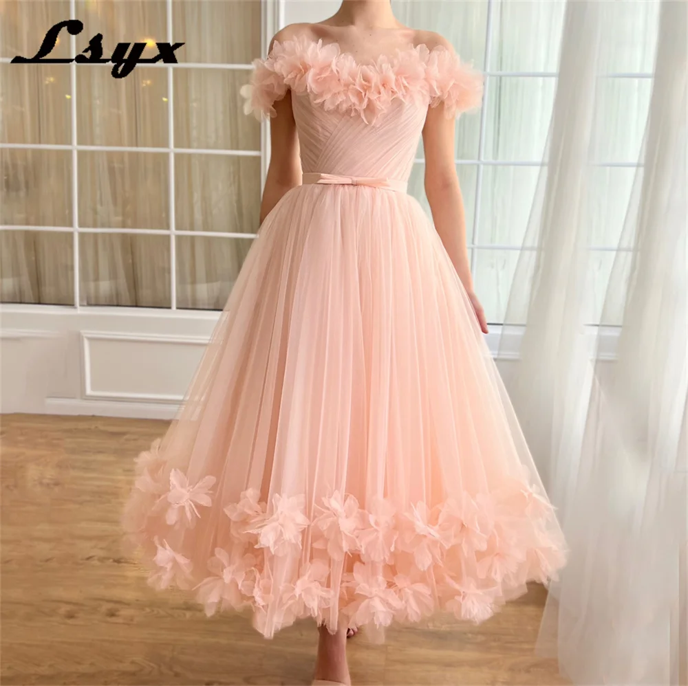 LSYX Off Shoulder Flowers Sweetheart Pastrol Evening Gown Tulle Tea-Length A-line Lace-up Back Prom Dress