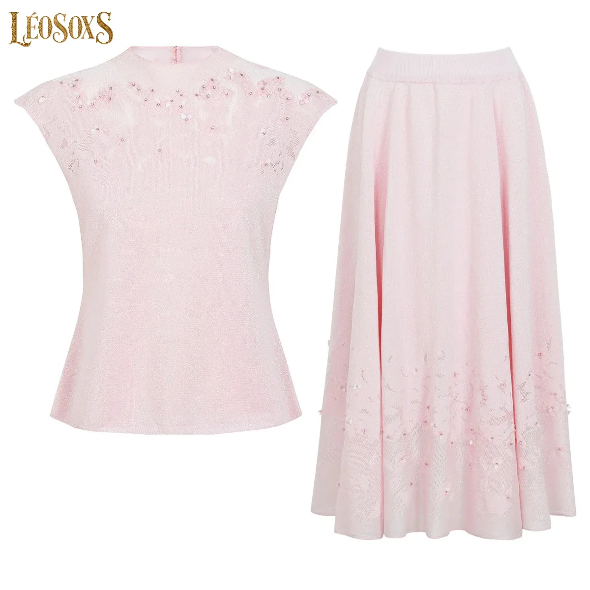 LEOSOXS26234 Summer New Women's Fashion Style Commuter Versatile Three Dimensional Glitter Sleeveless Knitted Top T-Shirt+Skirt