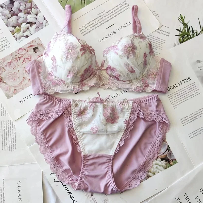 Embroidered Flower Bra Set Sweetheart Lingerie Sexy Top Bralette Panties Thin Comfortable Underwear