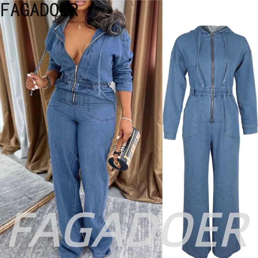 

FAGADOER Streetwear Zippers Denim Bodycon Jumpsuits Fashion Ruched Long-sleeved Hooded Jean Rompers Y2K Women Commute Playsuits
