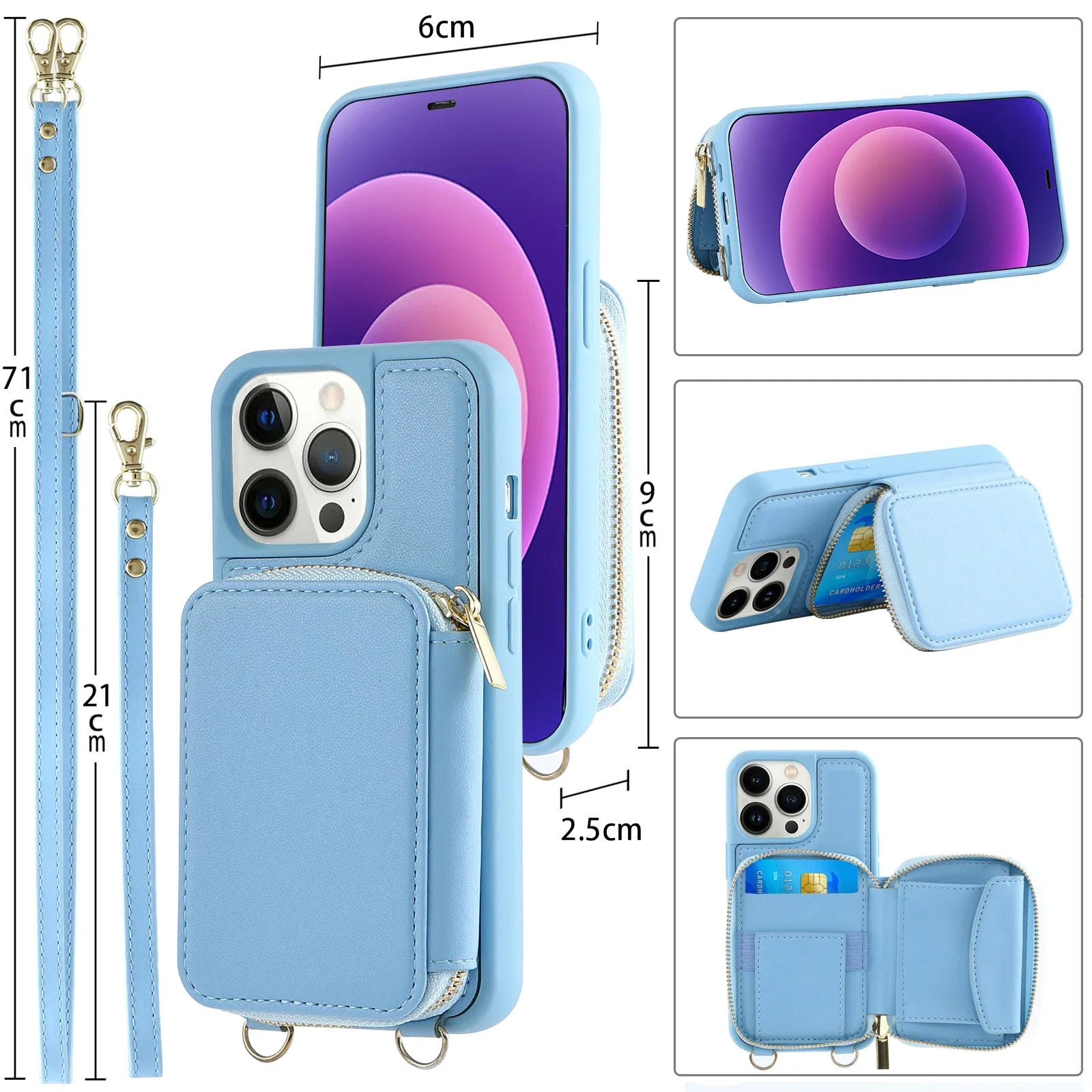 

For iPhone 15 14 Plus 13 12 11Pro MaxSweet Multifunctional Lychee Patterned Lock Buckle Long Rope Crossbody Card Bag Phone Case