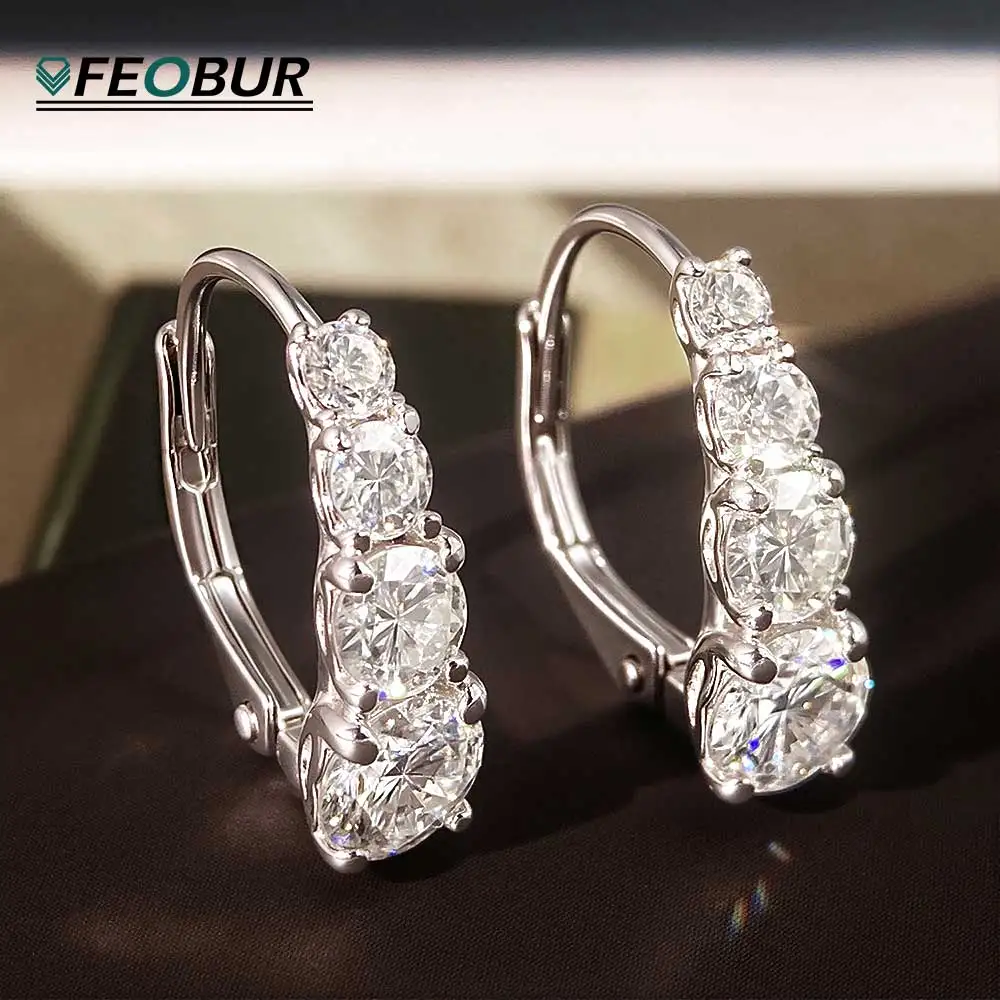 

2.2cttw 4-stones Moissanite Hoop Earrings for Women Wedding Gift 925 Sterling Silver Sparkling Diamond Ear Buckles Lever Back
