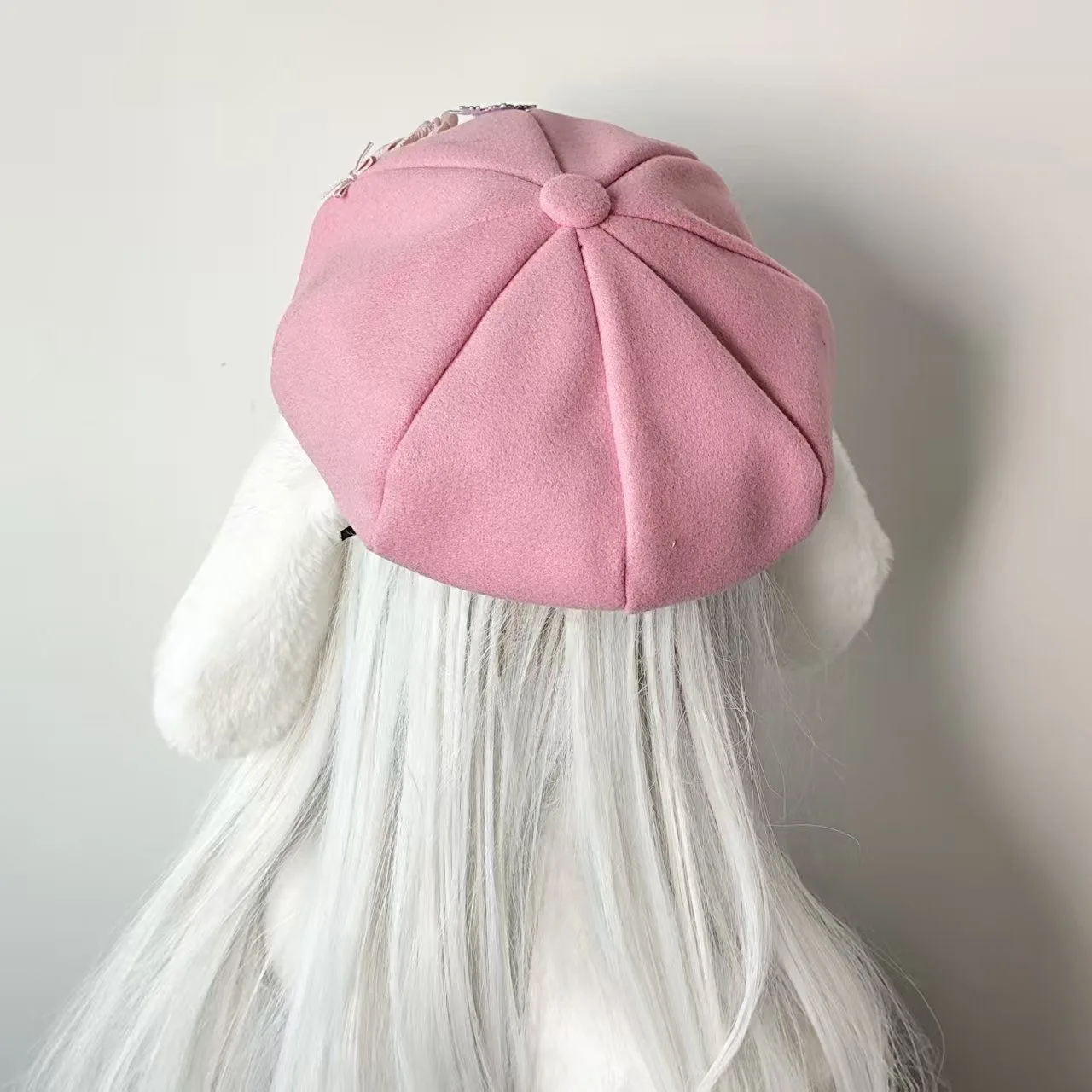 Japanese Sweet Y2k Rose Subculture Pink Rabbit-eared Octagonal Hat Children Lolita Plush Cute Painter Hat Woman 4