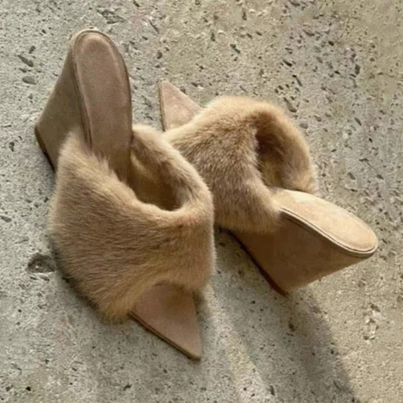 

Super High Heels Fur Fashion Autumn Women Slippers 2025 Designer Brand Women Shoes Plush Wedges Open Toe Slide Pointed Toe Shoes