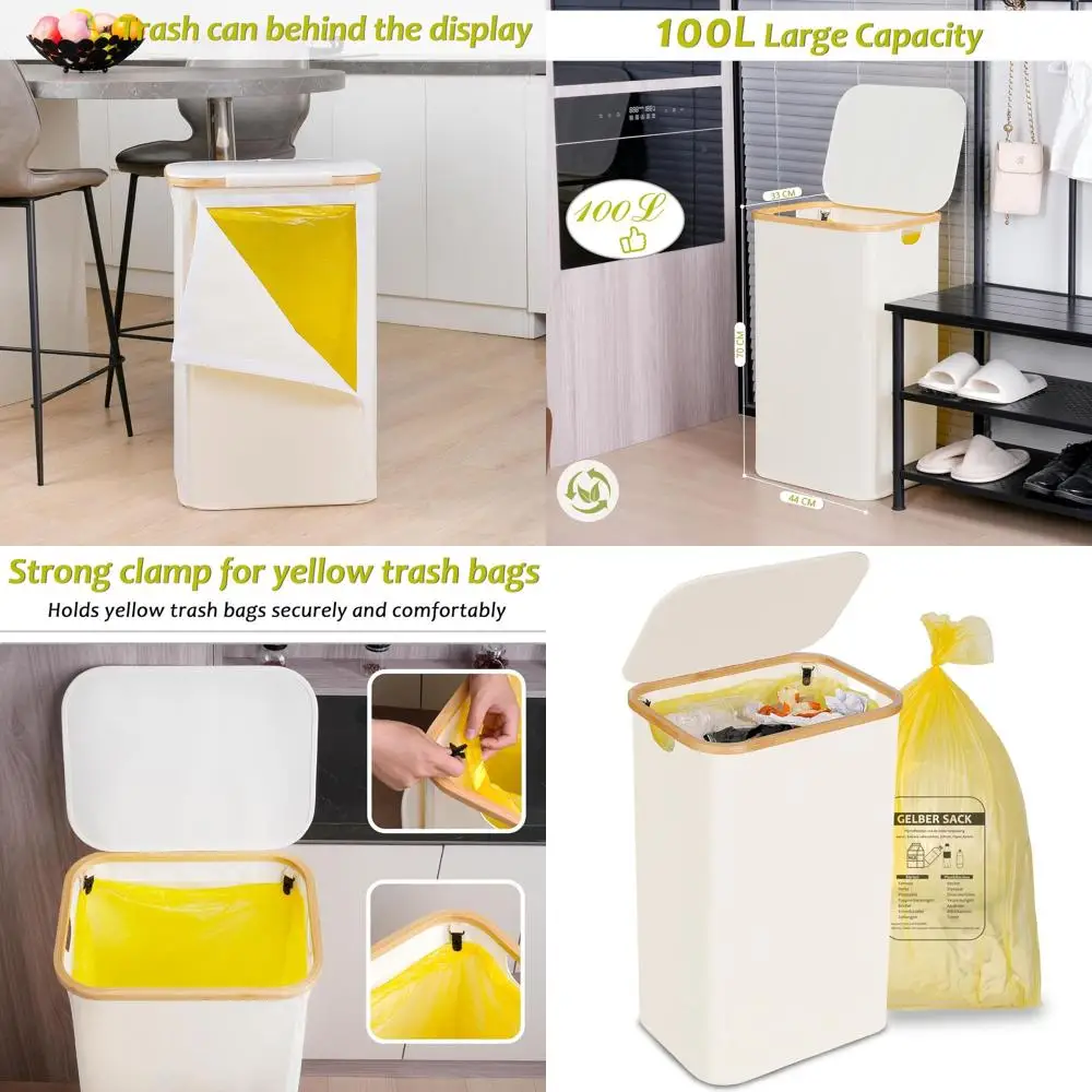 

100L Beige 26 Gallon Recycle Bin with Lid for Yellow Bags, Easy Bag Removal (Bag Not Included)