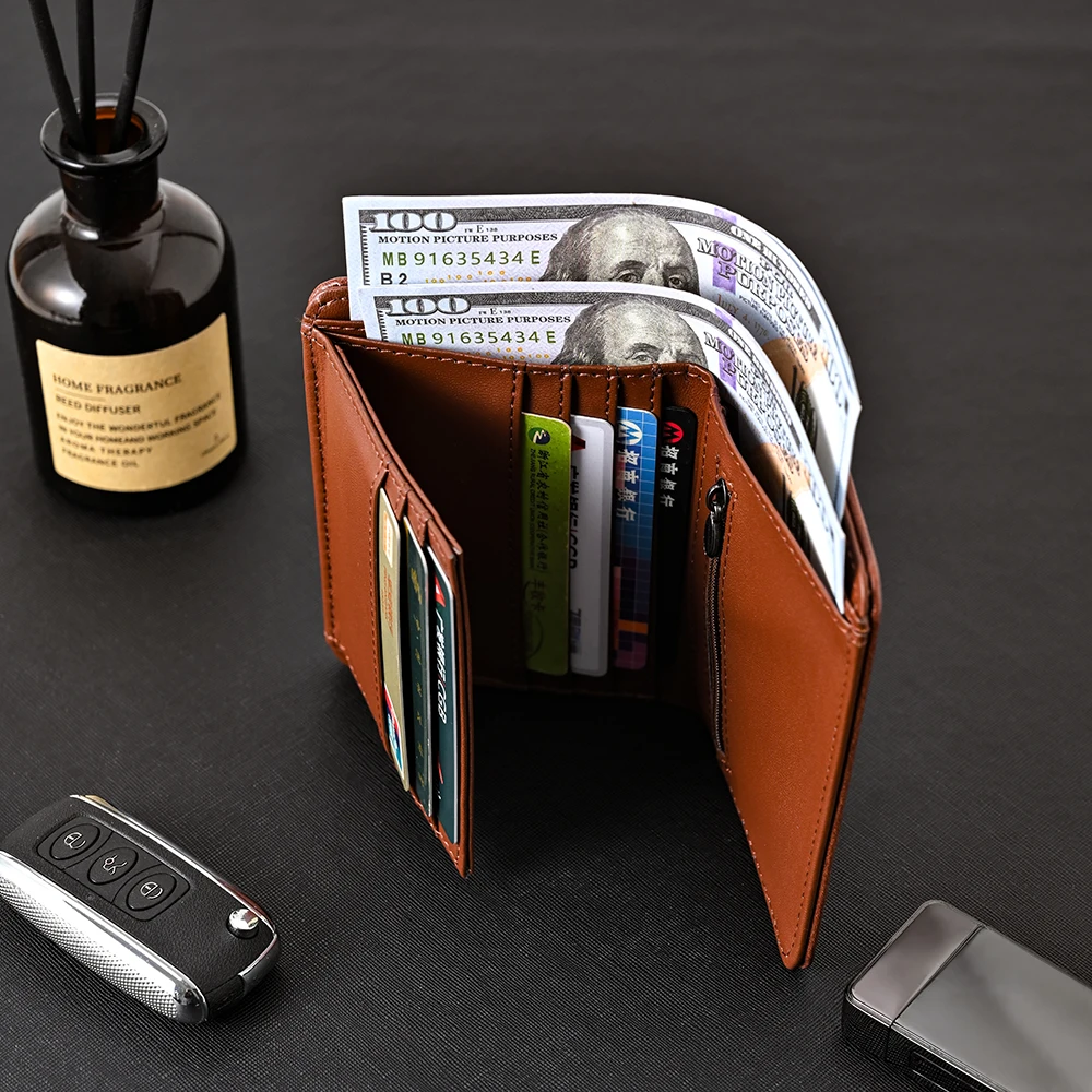 

Men's Leather Wallet Credit Card Holder Tri-fold Wallet Zipper Coin Purse Men's wallet