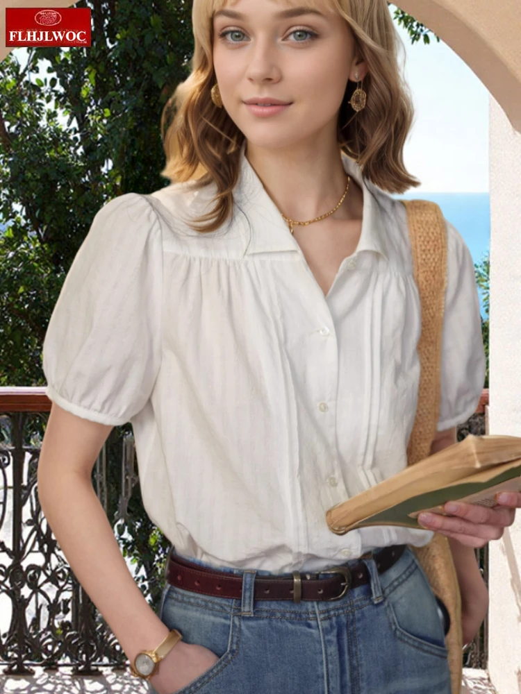 

Puff Sleeve Blue White Tops Blouses 2025 New French Style Cute Girls Office Lady Chic Korea Single-Breasted Button Shirts Cotton