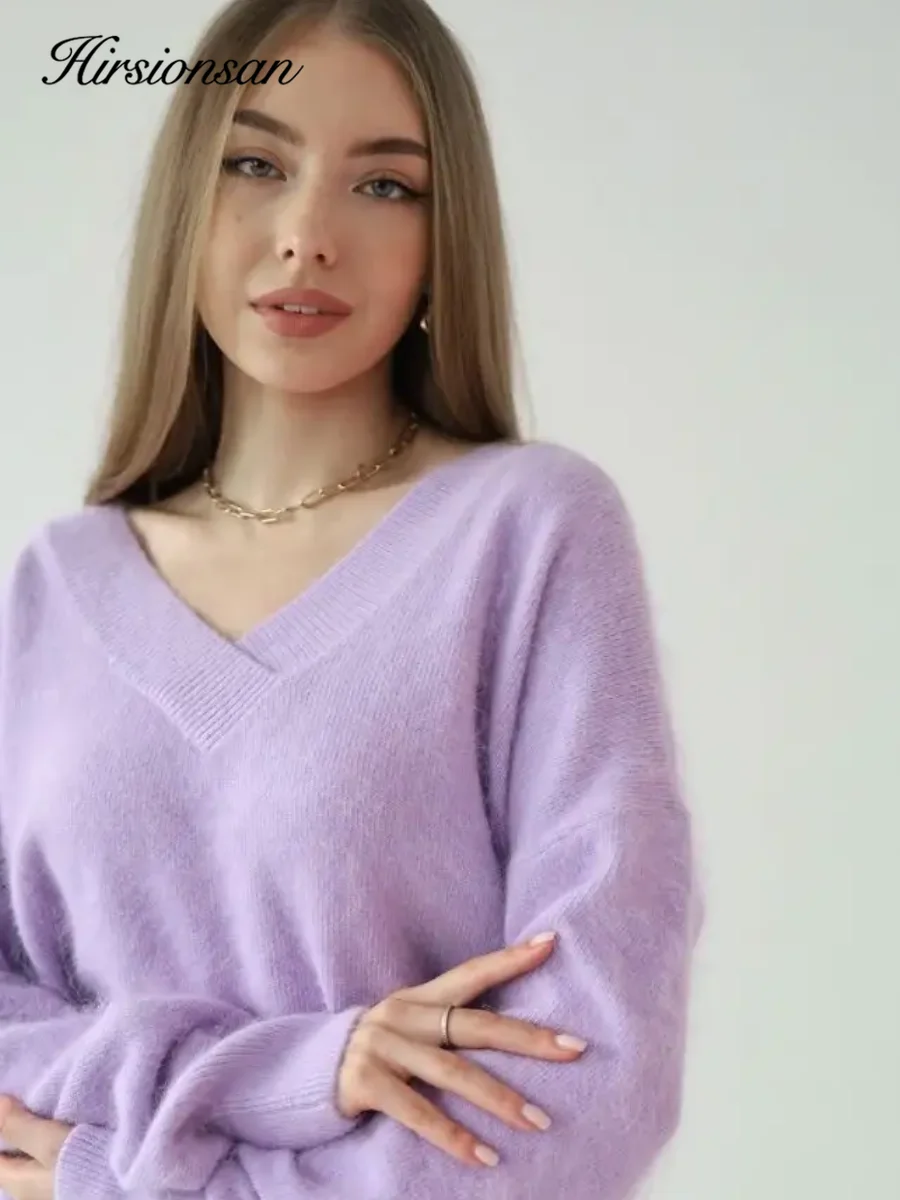 

Hirsionsan 2023 New Soft V-neck Loose Knitted Cashmere Sweaters Women Winter Solid Female Pullovers Warm Basic Knitwear Jumper