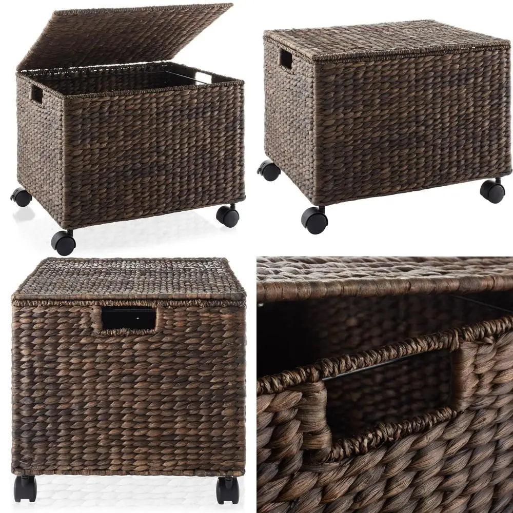 

Espresso Brown Rolling File Cabinet - Water Hyacinth Organizer with Lid and Wheels for Home Office, Hanging Folder Storage