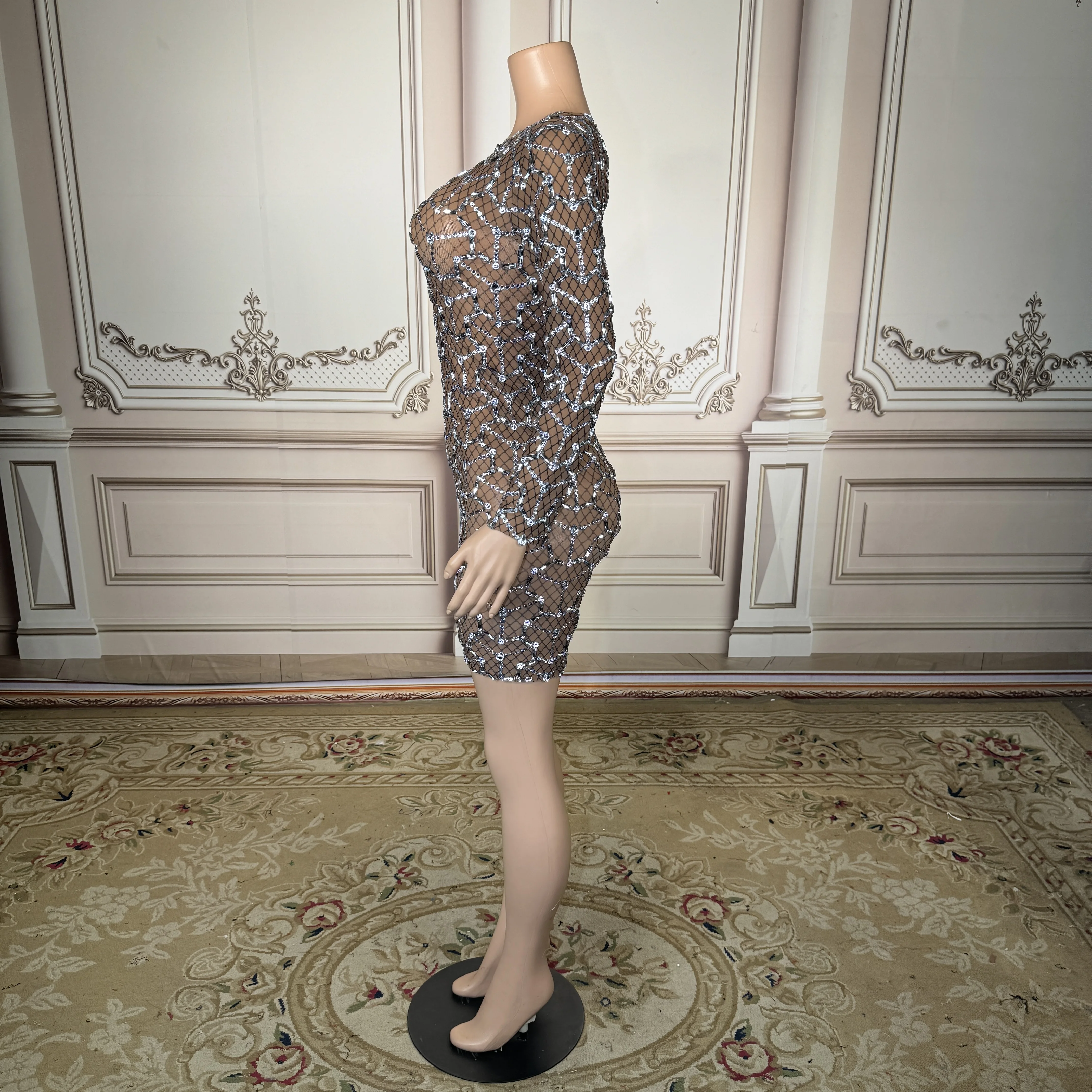 

ZD Light luxury silver diamond mesh see through long sleeved hip hugging skirt sexy dress party birthday evening dress