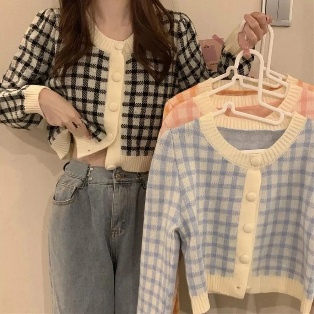 

Long Sleeve Grid Crochet Sweaters Autumn Spring Loose Cardigans Women Y2K Preppy Style Ladies Tops Slim Crop Coats Female