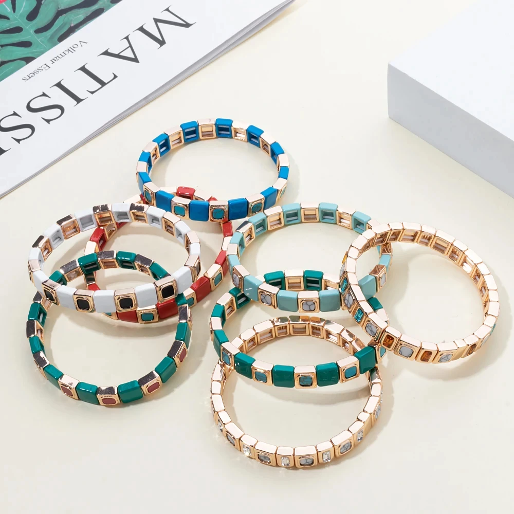 2024 New Fashion 8*8mm Alloy Elastic Bracelet for Women Gold Color Inlaid Rhinestone Bangle Natural Stone Women Jewelry Gift