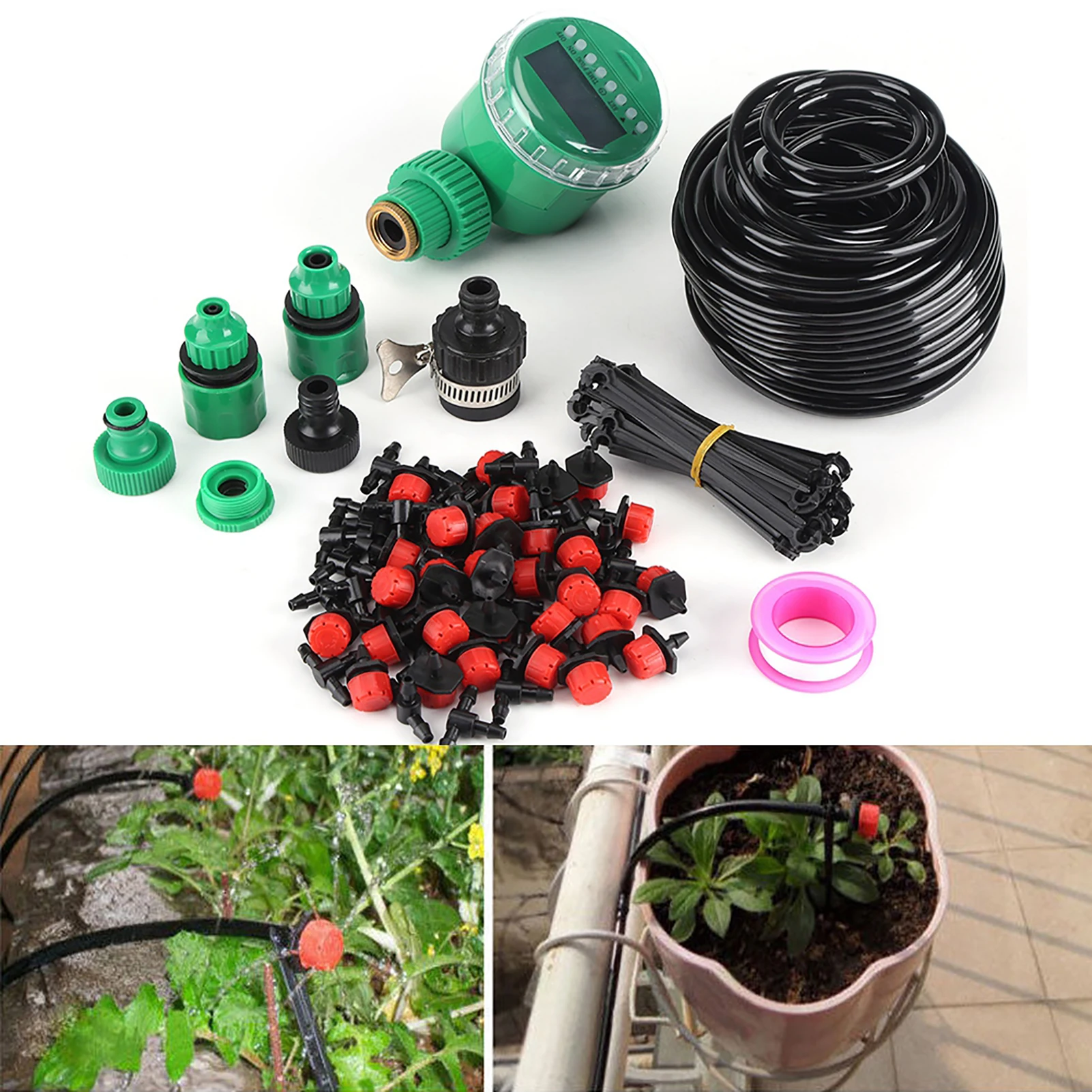 

25m Plant Self Watering Garden Hose DIY Micro Drip Irrigation System With Timer Kits