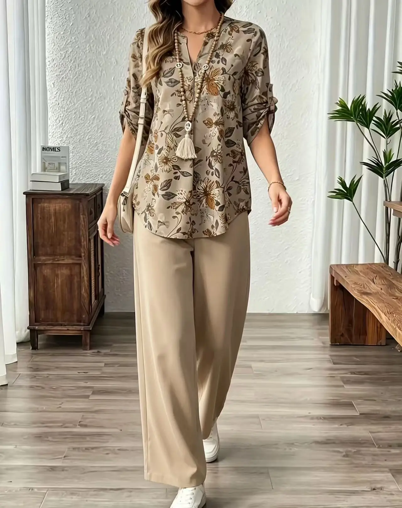 Women Floral Print 2 Piece Outfit V Neck Roll Sleeve Blouse And Wide Leg Pants Casual Matching Set