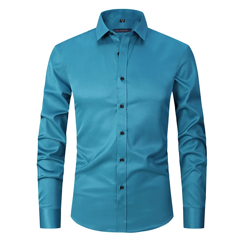 Camisas sociais masculinas elásticas sem rugas, formal, casamento, baile, manga comprida, slim fit, camisa com botões