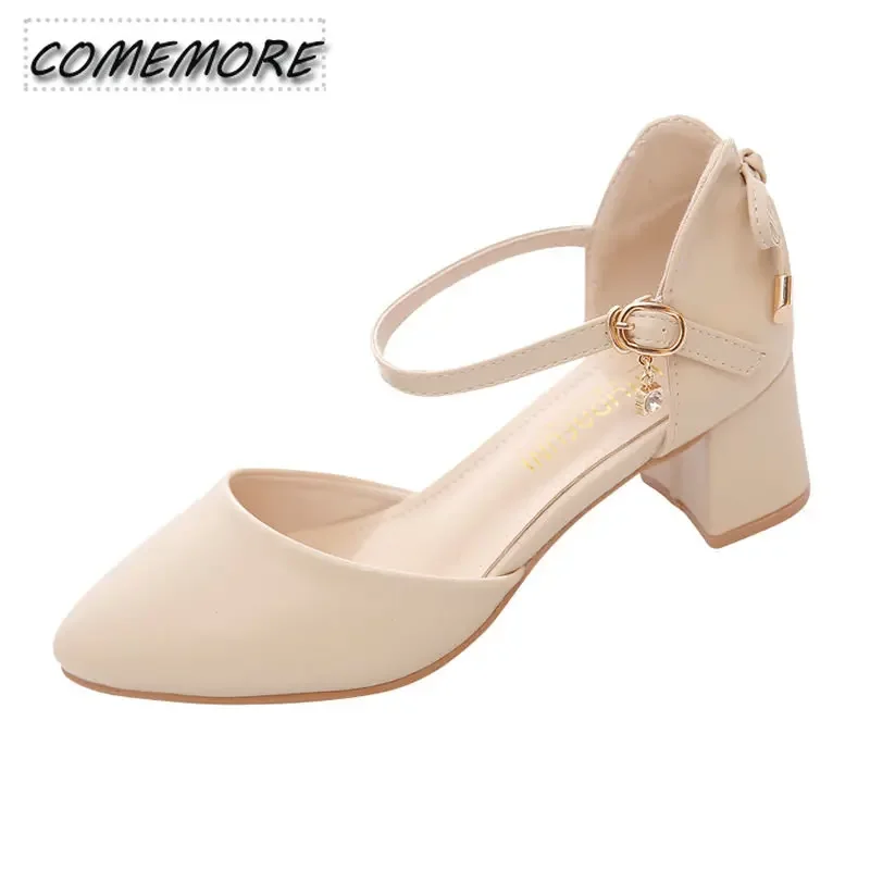 Ladies Shoes 2023 New Pumps Bow Elegant Mid Heels Two-Piece Shoes Buckle Pointed Toe Summer Footwear Fashion Women Shoes Female