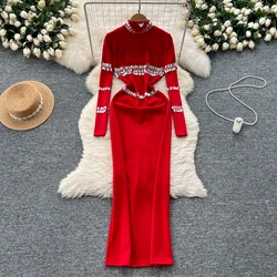 Elegant Long Sleeves Vintage Stand Collar Chic Rhinestone Split Slim Long Dresses Fashion Evening High Street Autumn Clothing