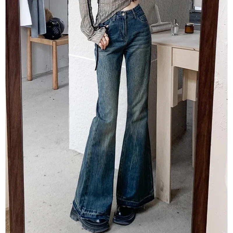 

Woman High Waist Vintage Casual Flare Jeans Girls Elastic Slim Fit Bell Bottom Pants Lady Fashion Blue Black Grey Denim Trousers